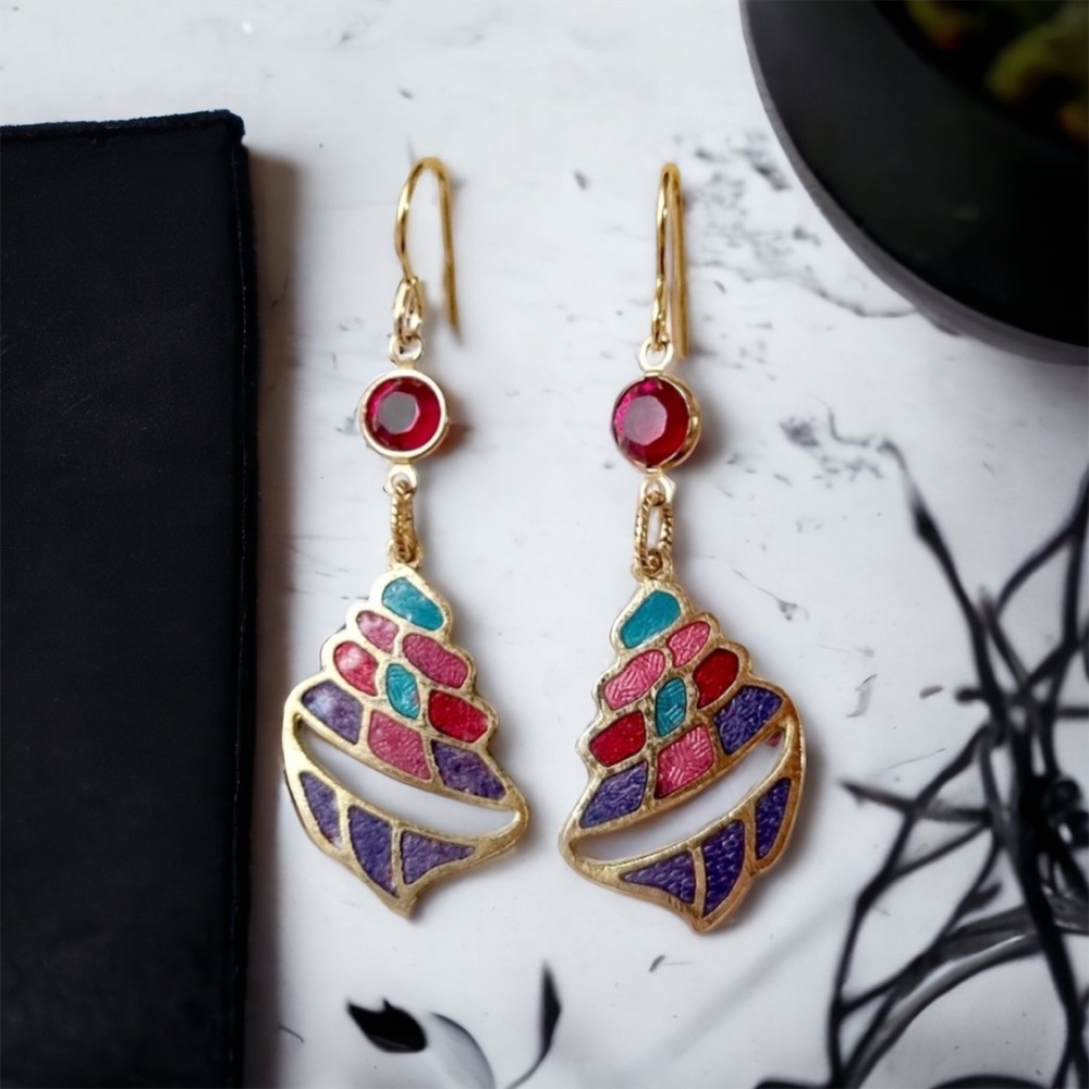 Artisan Cloisonne Earrings Shell Beach Swarovski